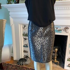 Tahari polka dot metallic skirt features a sexy slit. Fresh from the runway.